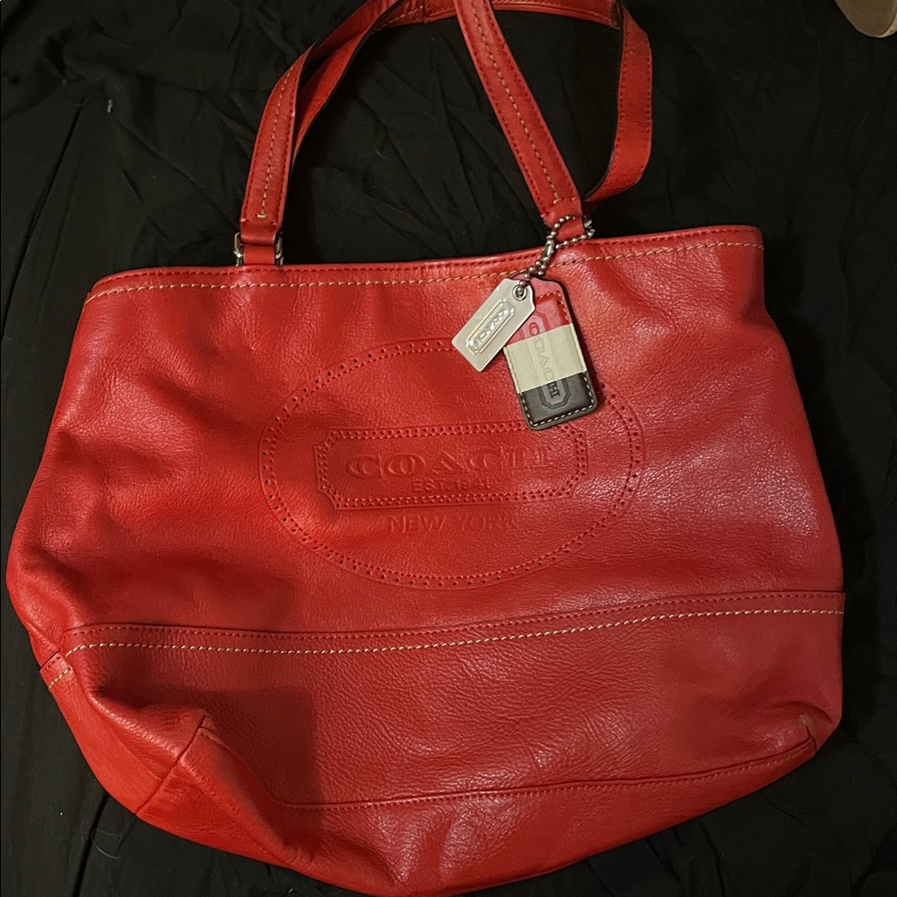 Coach Hampton Weekend Perforated Leather Tote Handbag in Carnelian #19391